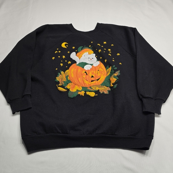 Source Unknown Tops - Vintage 1980's Halloween Cat Pumpkin Puffy Design Crewneck Sweatshirt